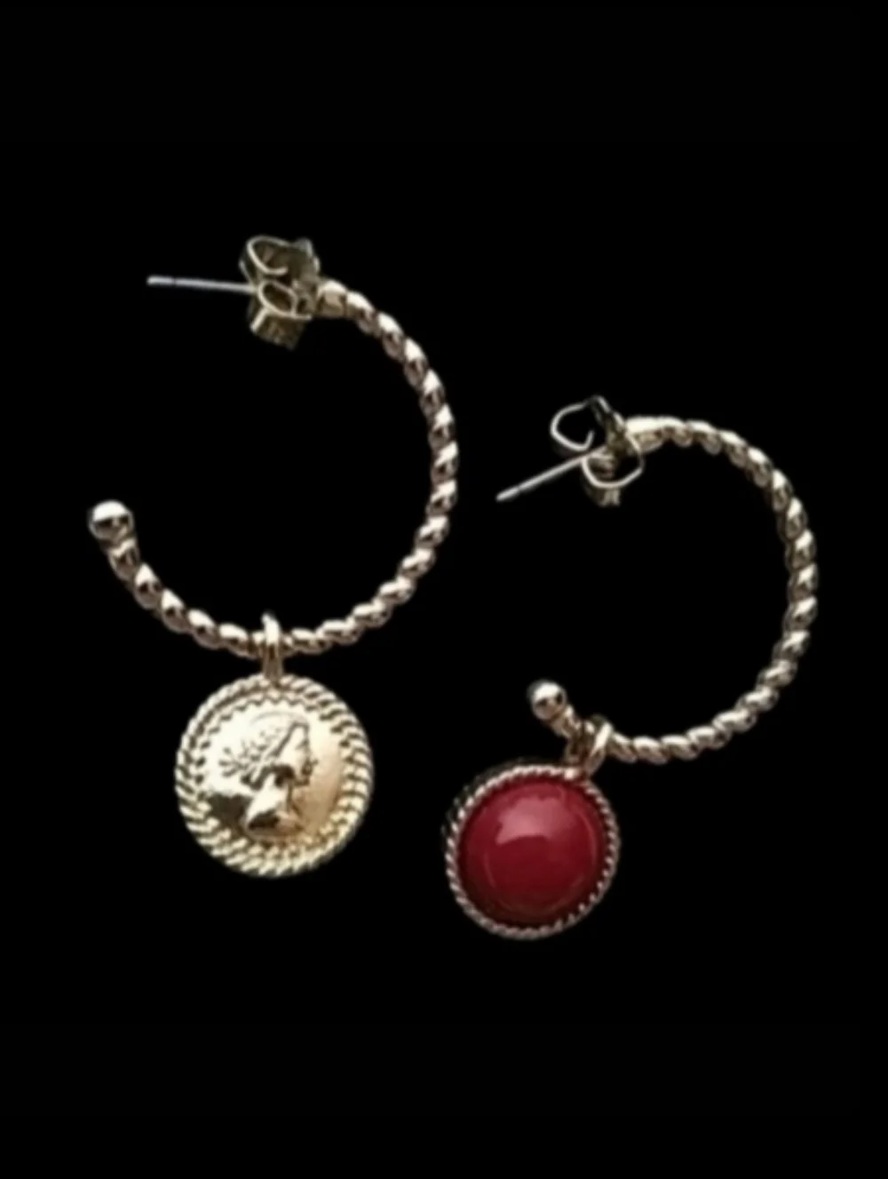 Gold-Tone Coin Charm Bangle Bracelets & Earrings with Red Enamel Accents | EUC